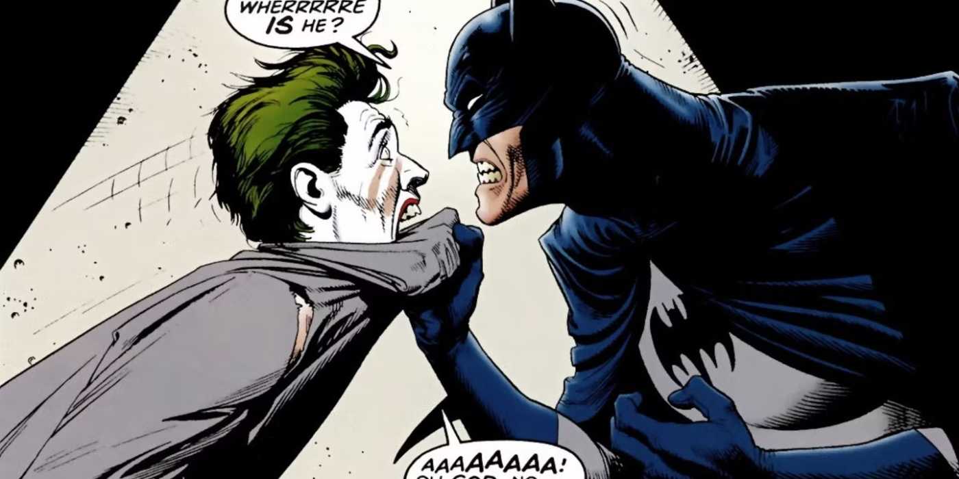 Batman interrogating a man impersonating Joker in The Killing Joke.