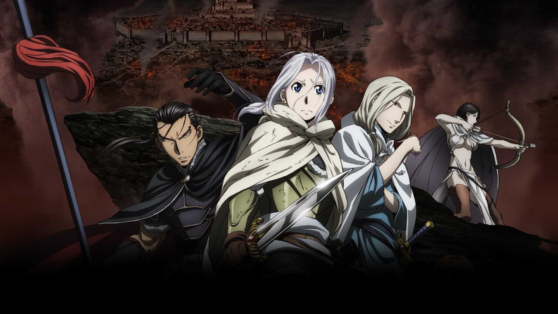 The Heroic Legend of Arslan screenshot showing Arslan, Daryun, and Narus standing in front of a city that's destroyed