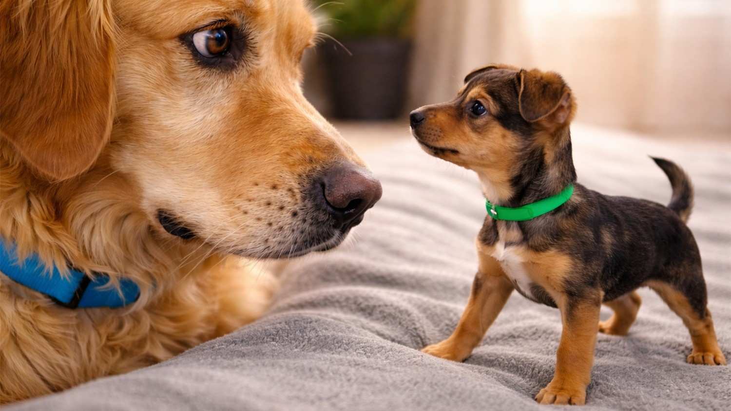 Tiny rescue puppy fearlessly faces a golden retriever