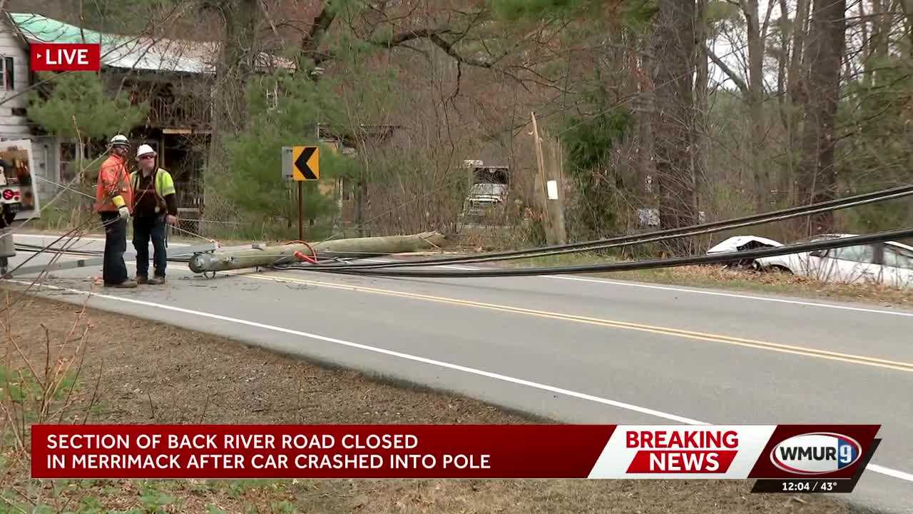 Road in Merrimack closed after utility pole snaps in crash