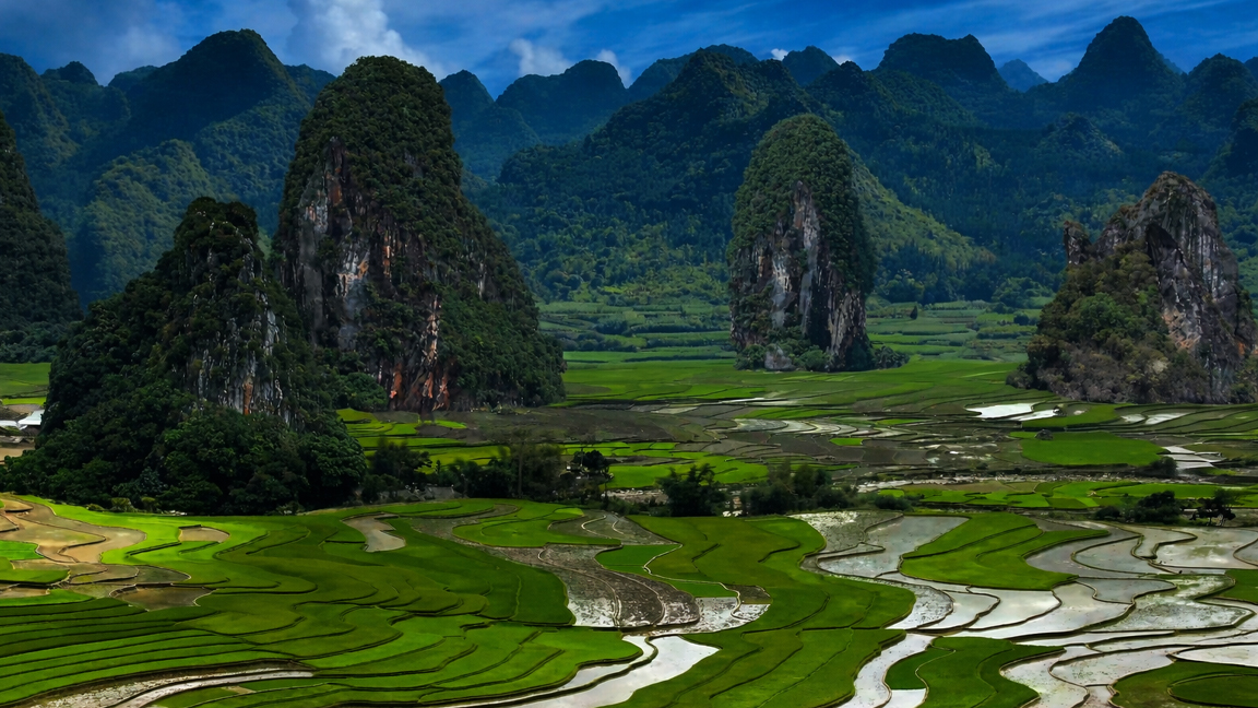 Natural farmland scene with green fields and karst mountains