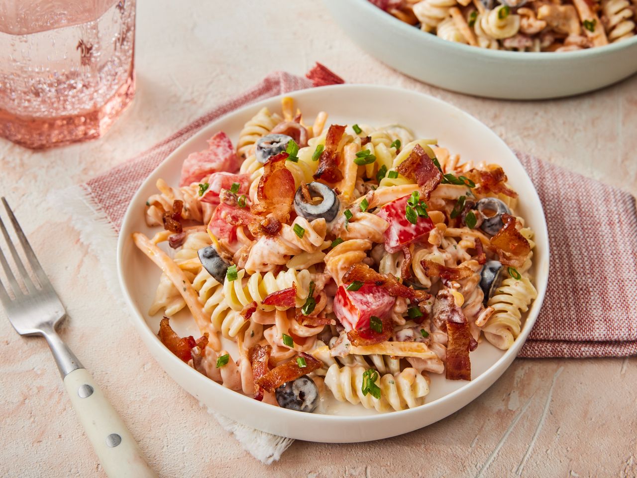 a super close up view of bacon ranch pasta salad.