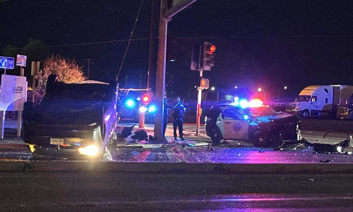 Fresno police cruiser involved in rollover crash while pursuing suspect