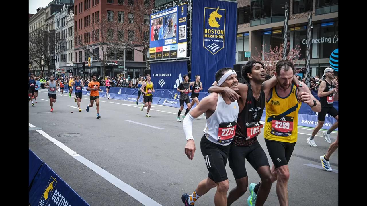 Runner collapses near Boston Marathon finish line and two competitors ...