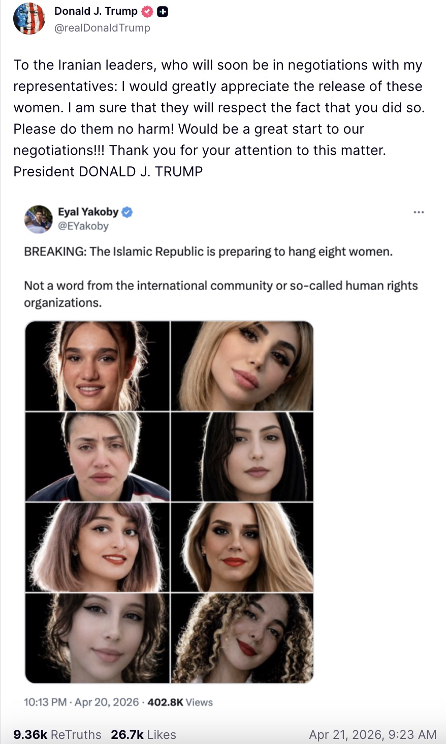 Trump celebrates as Iran reverses course on 8 female protesters set to ...