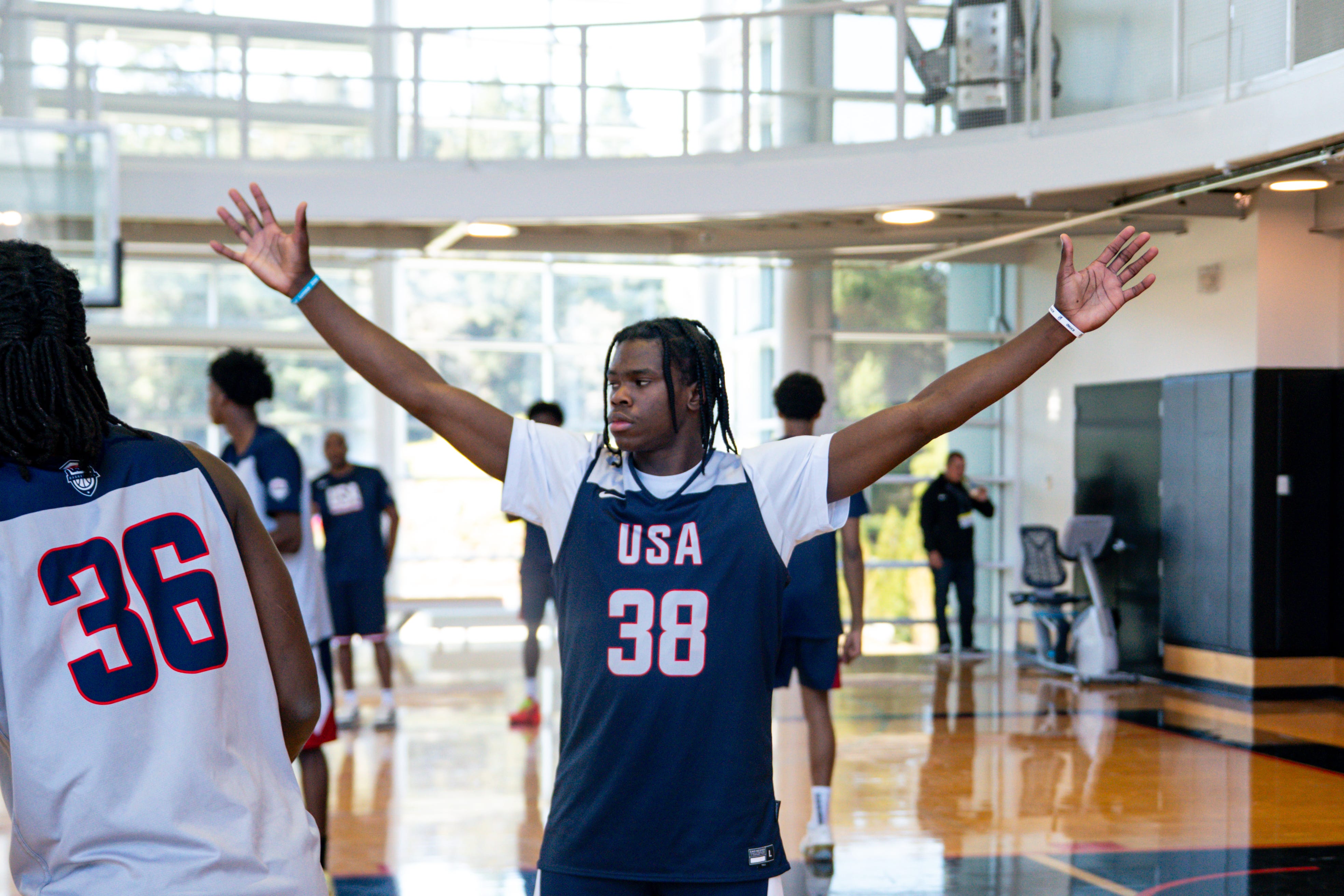 Jordan Smith Jr of Team USA guards the inbound on April 9, 2026 during practice at the 2026 Nike Hoop Summit in Portland.