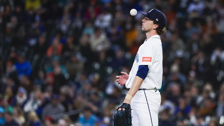 Apr 22, 2026; Seattle, Washington, USA; Seattle Mariners starting pitcher Logan Gilbert (36) juggles the ball after hitting an Athletics batter during the third inning at T-Mobile Park. Mandatory Credit: Joe Nicholson-Imagn Images | Joe Nicholson-Imagn Images