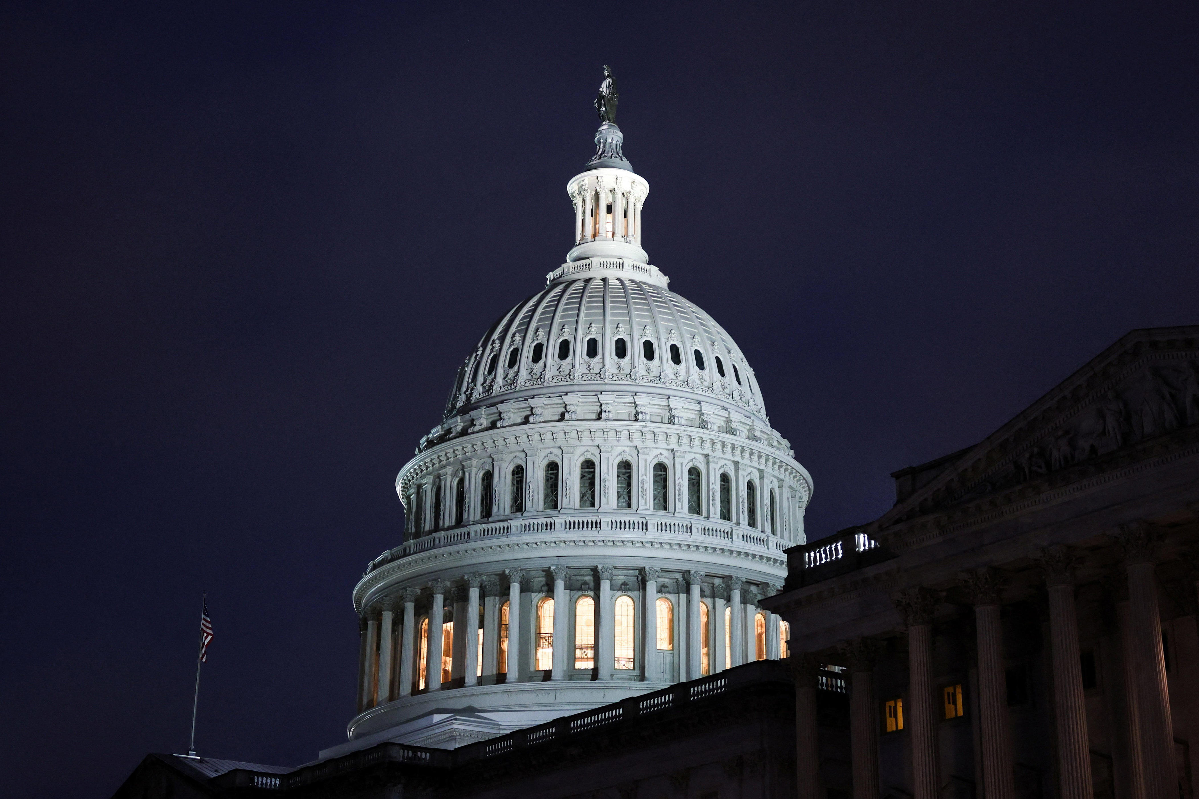 A view of the U.S. Capitol building at night in Washington on March 2, 2026.