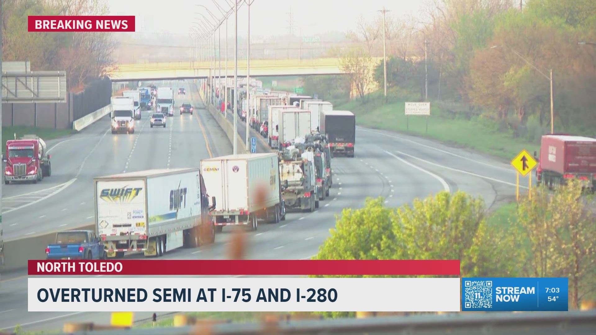 Delays in place hours after overturned semi on I-75 SB to 1-280 SB ramp