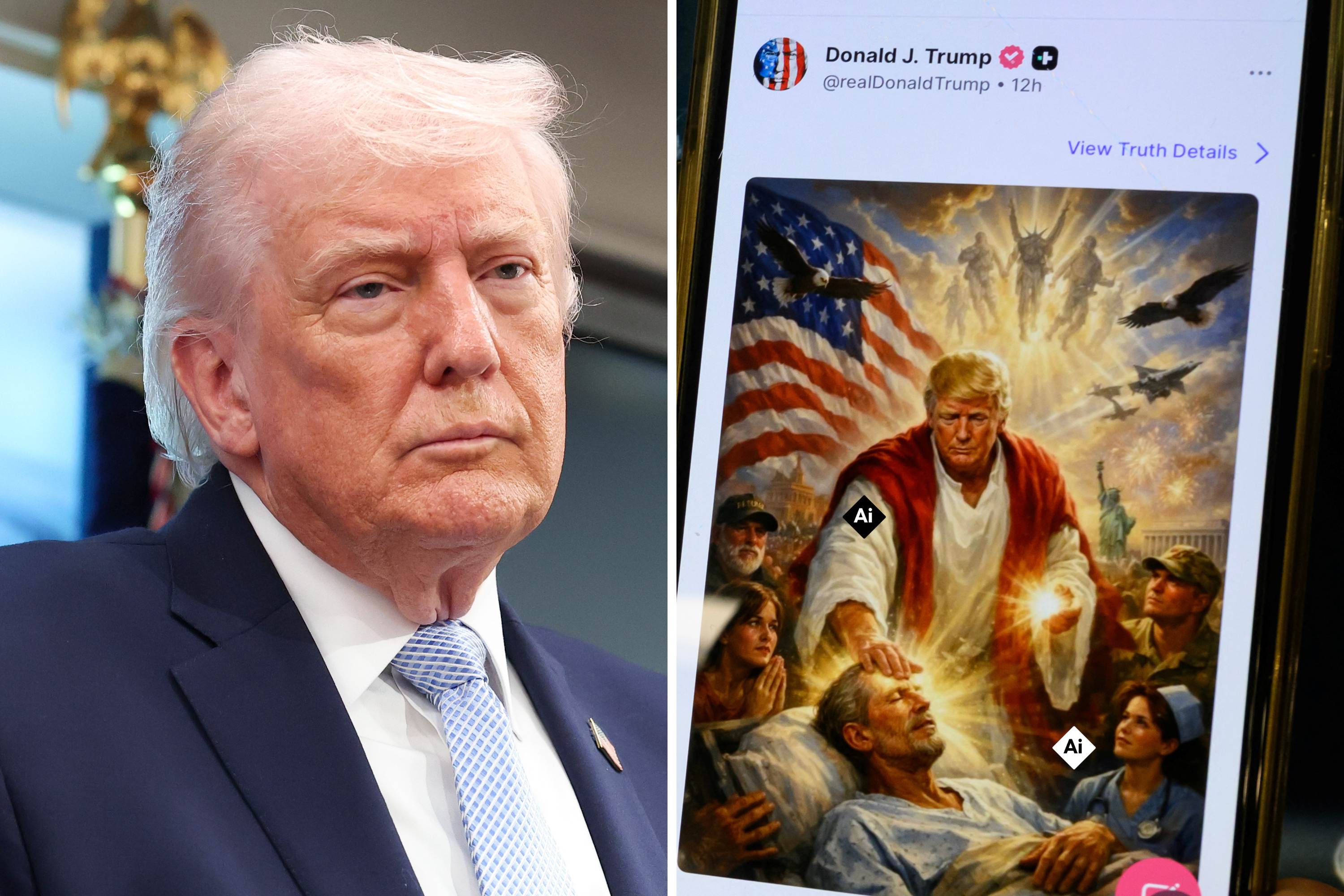 President Donald Trump speaks during a news conference in James S. Brady Press Briefing Room of the White House on April 06, 2026 in Washington, DC and a picture of US President Donald Trump on a screen and an AI-generated picture he posted on his Truth Social platform depicting himself as Jesus Christ after criticizing Pope Leo XIV.