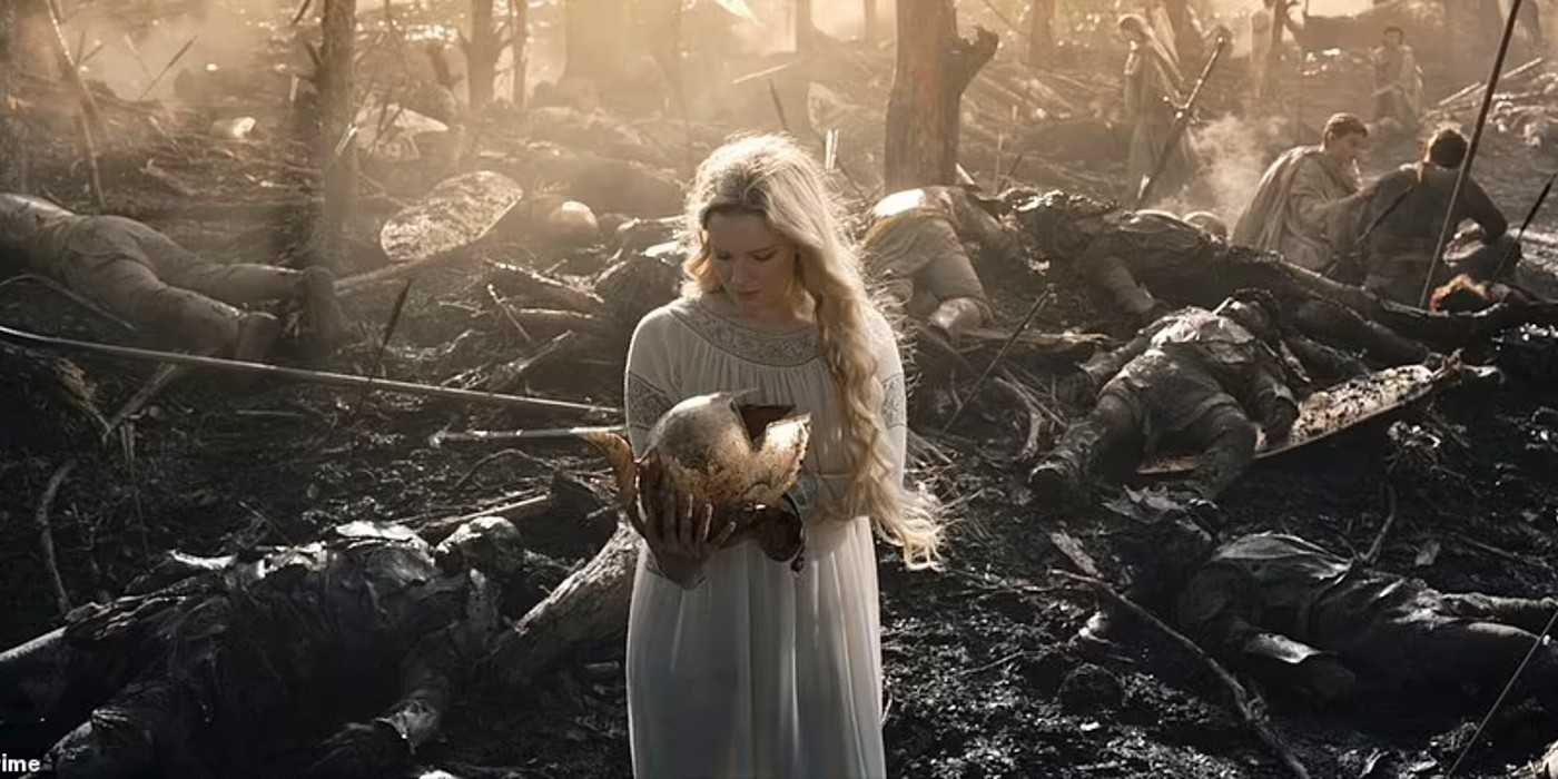 Galadriel mourns over an Elven helmet on The Rings of Power