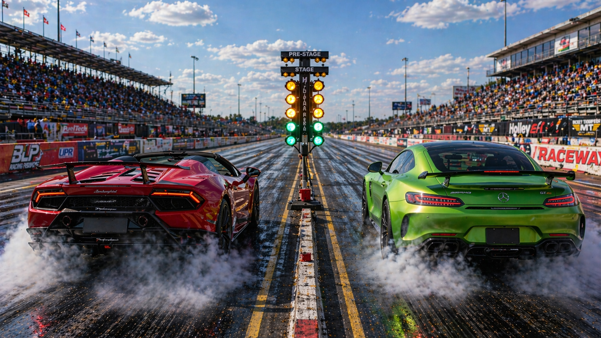 675HP AMG GT R vs 640HP Huracan Performante Spyder drag race