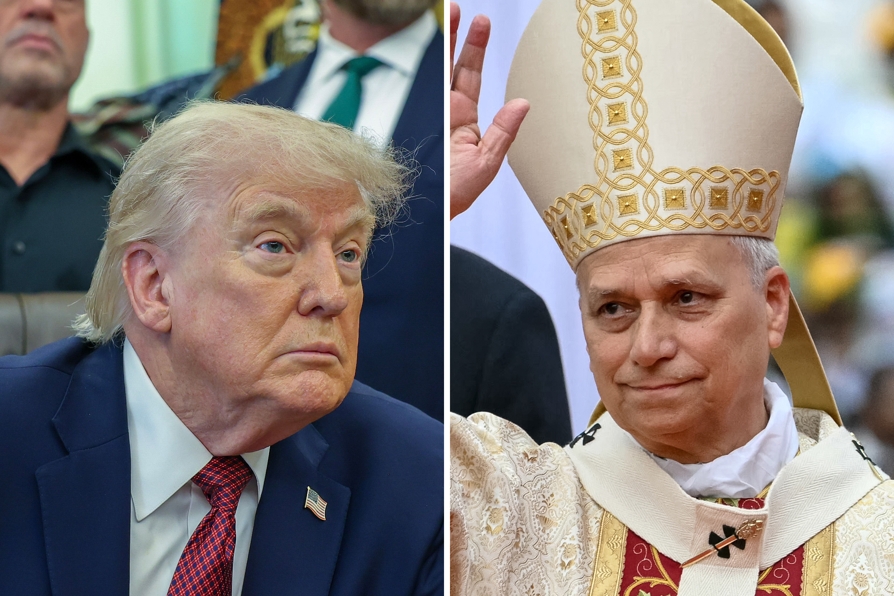 Left: President Donald Trump speaks after signing an executive order in the Oval Office of the White House in Washington, DC on April 18, 2026. Right: Pope Leo XIV arrives to lead a Holy Mass at the Malabo Stadium in Malabo on the last day of an 11-day apostolic journey to Africa, on April 23, 2026.