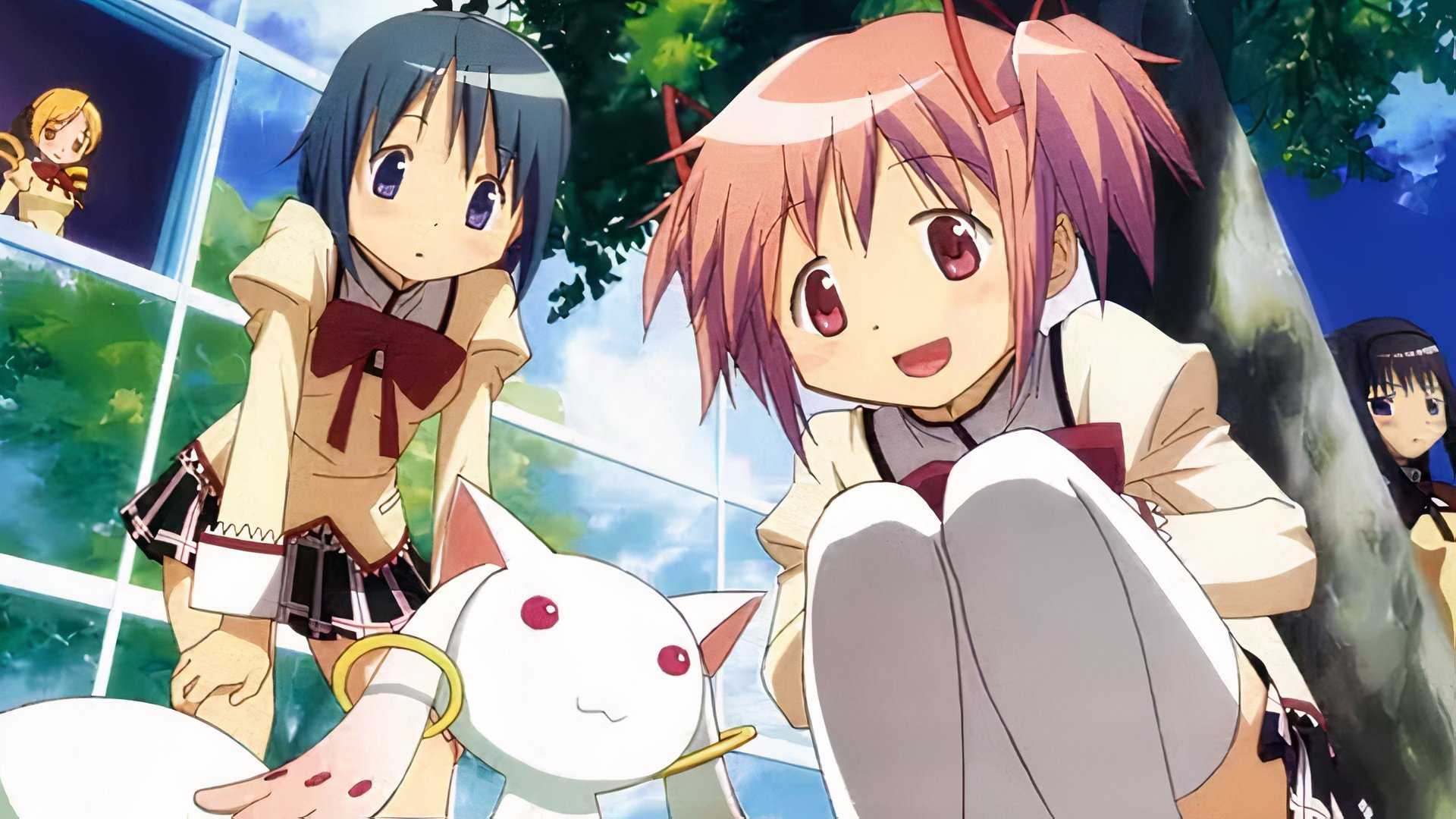 The cast of Puella Magi Madoka Magica pose in front of a tree