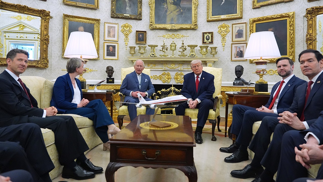 President Donald Trump met with Britain's King Charles III in the Oval Office of the White House in Washington on Tuesday, April 28, 2026, during a state visit. Britain's Ambassador to the U.S. Christian Turner, Foreign Secretary Yvette Cooper, Vice President JD Vance and Secretary of State Marco Rubio were also present.