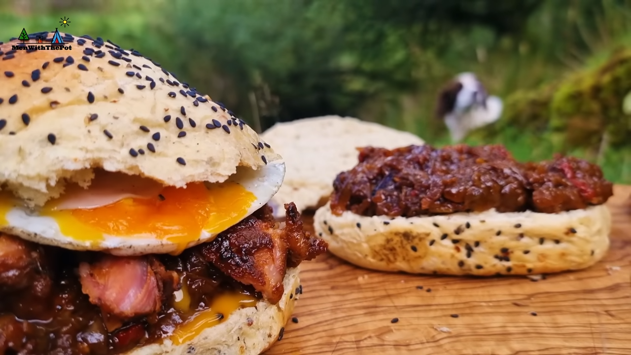 Watch how this burger with ribs and eggs comes together