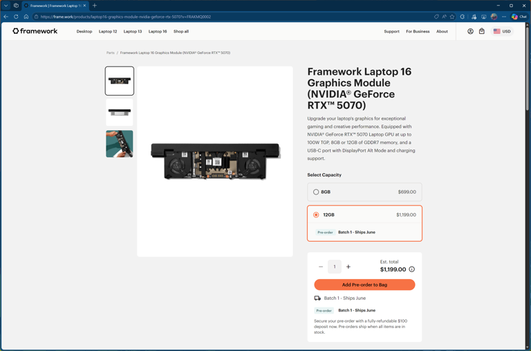 Framework's new RTX 5070 12GB graphics module costs a whopping $1,199
