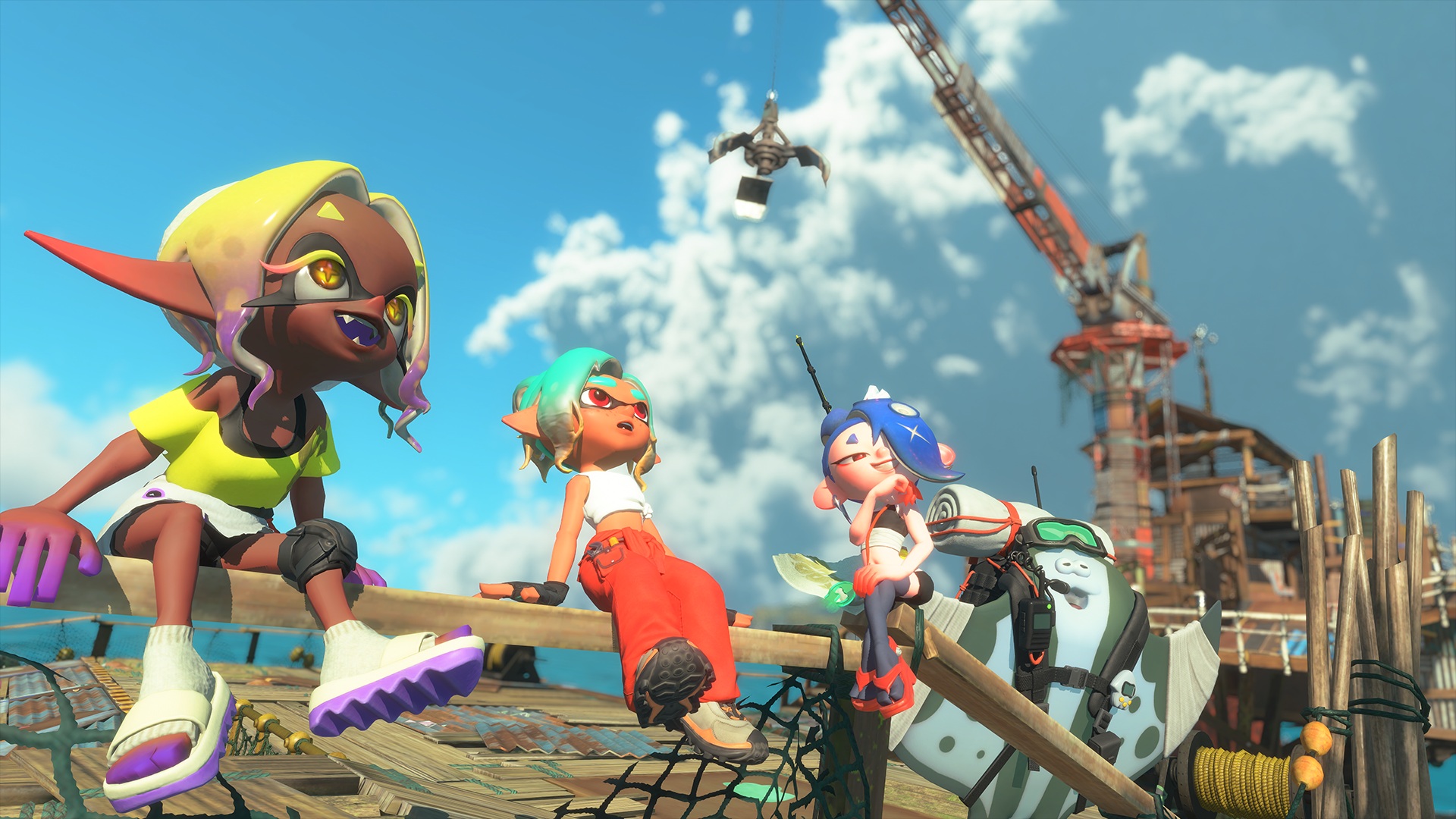 In Splatoon Raiders, an Inkling sits with the Deep Cut trio