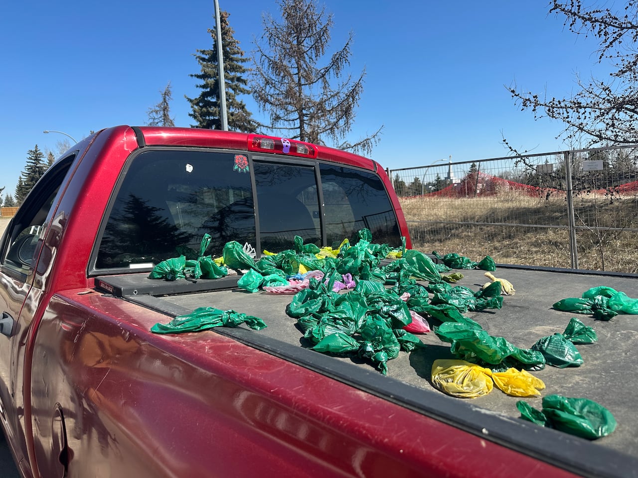 Poop bags are being dumped on this truck. It can't be towed because ...