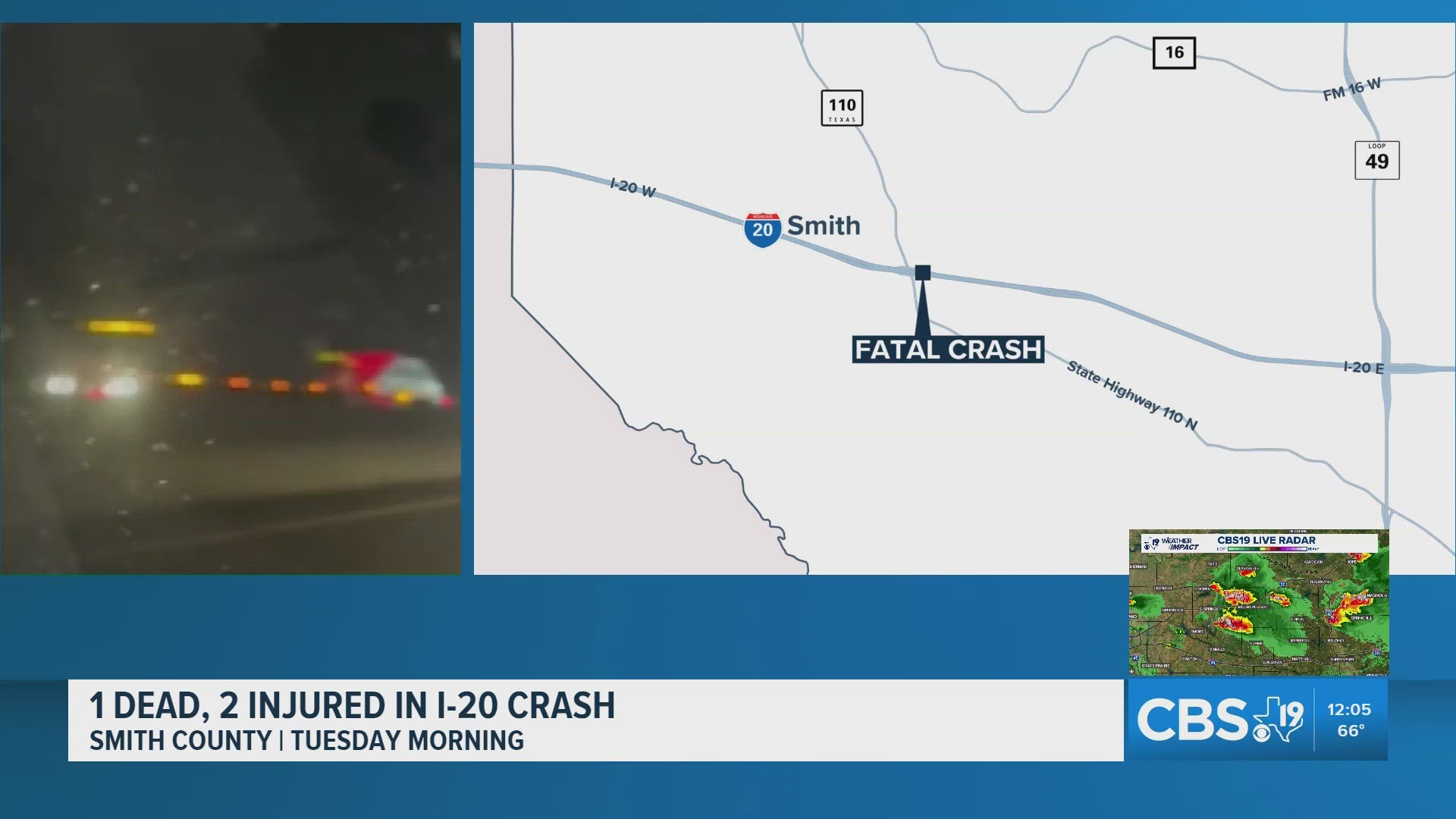1 dead, 2 injured in I-20 crash in Smith County