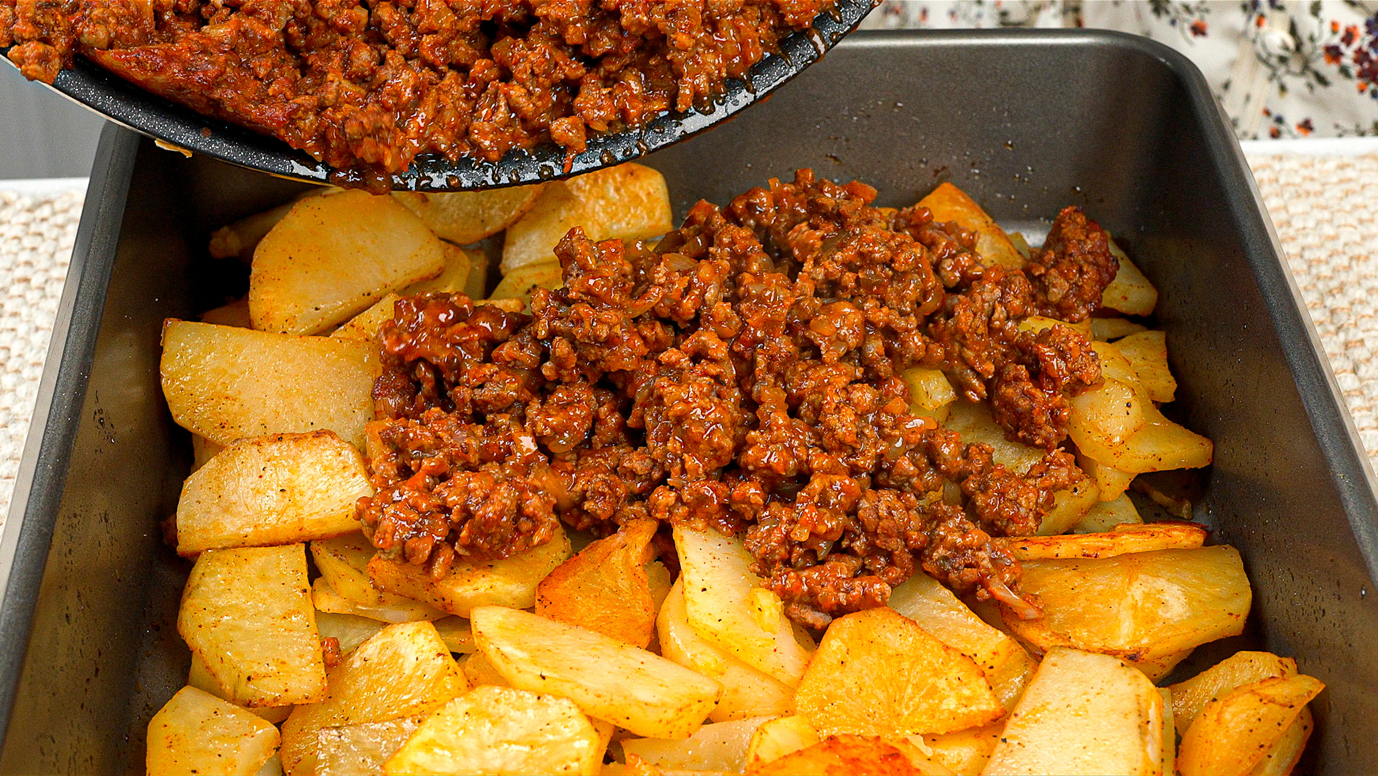 Just add ground beef to the potatoes! Simple dinner recipe