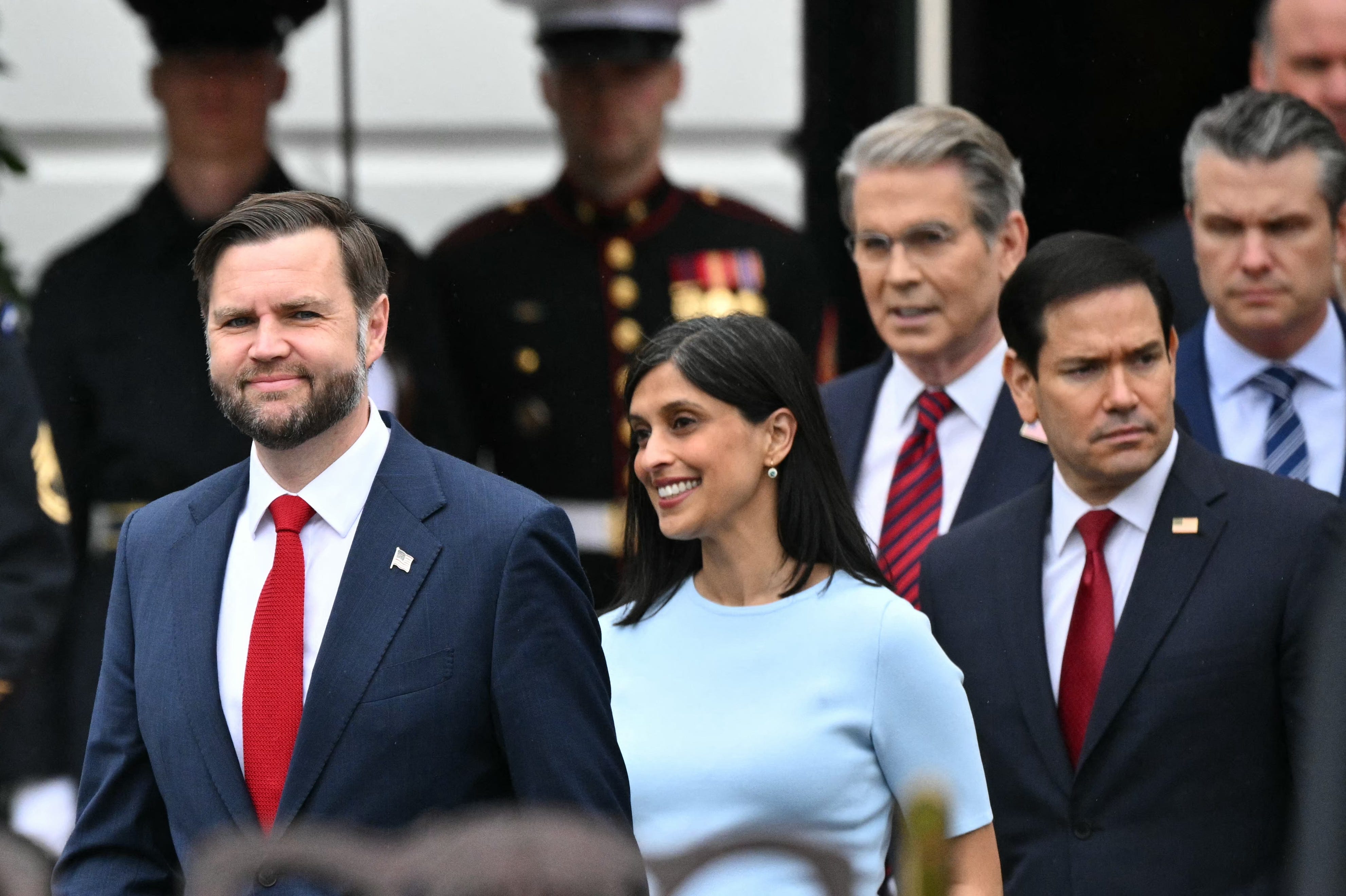 Vice President JD Vance, Second Lady Usha Vance, Treasury Secretary Scott Bessent, Secretary of State Marco Rubio and Defense Secretary Pete Hegseth attend an arrival ceremony for Britain's King Charles III and Queen Camilla on the South Lawn of the White House in Washington, DC, on April 28, 2026.