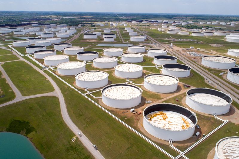 FILE PHOTO: Crude oil storage tanks are seen in an aerial photograph at the Cushing oil hub
