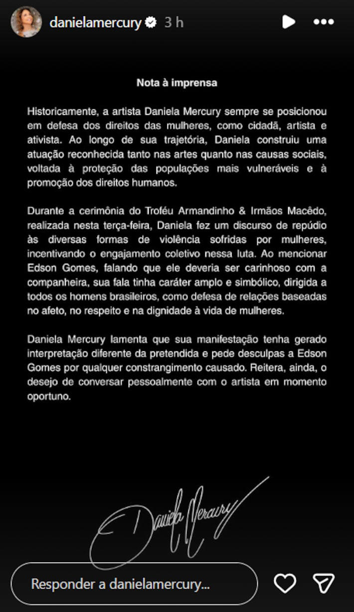 Daniela Mercury pede desculpas a Edson Gomes após acusar cantor de violência contra a mulher. Foto: @danielamercury via Instagram