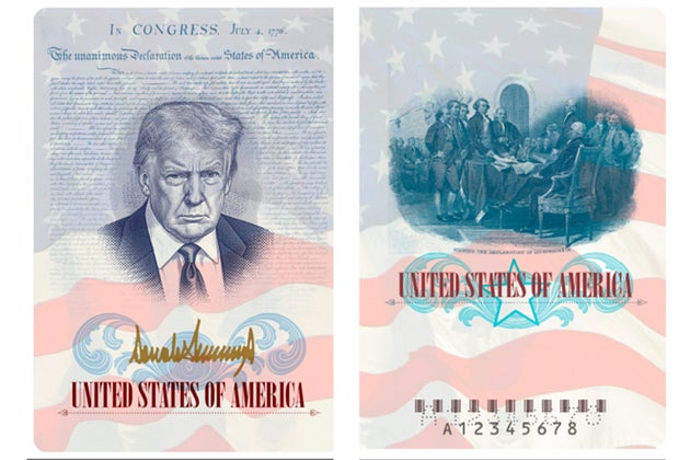 This rendering provided by the State Department shows an example of the limited-release commemorative U.S. passport the department is preparing in honor of America's 250th birthday.