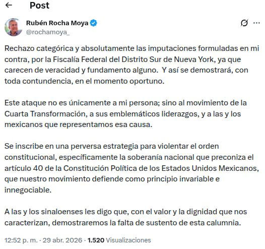 Rubén Rocha rechaza acusaciones de EEUU, denuncia ataque contra la 4T y ...