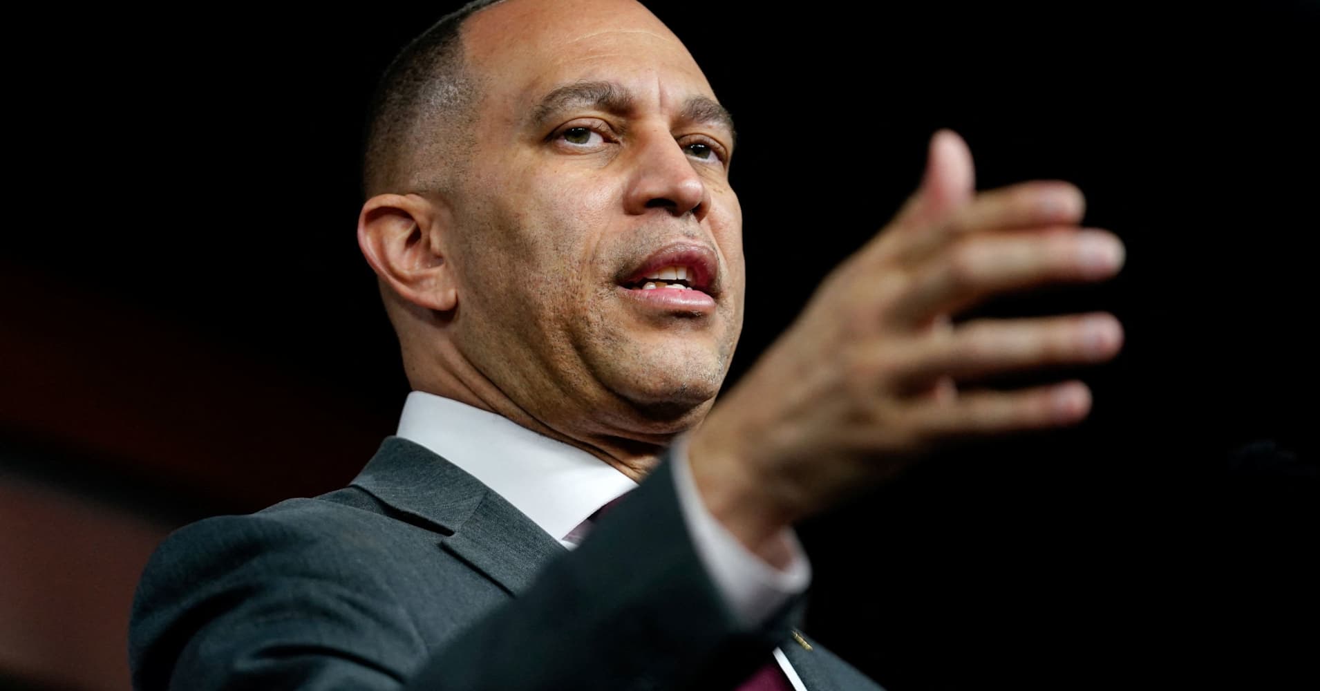 U.S. House Minority Leader Hakeem Jeffries (D-NY) speaks during his weekly press conference, on Capitol Hill in Washington, D.C., U.S., March 19, 2026.