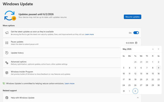 Instead of pausing updates a week at a time, you will be able to choose a specific end date -- and extend it indefinitely. Screenshot by Ed Bott/ZDNET