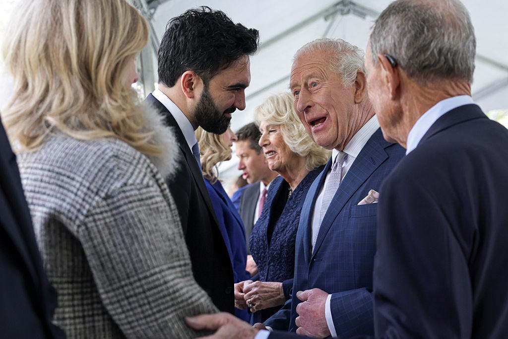 King Charles III is pictured interacting with New York City Mayor Zohran Mamdani during a visit to the 9/11 Memorial on April 29, 2026.