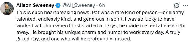 The actor's co-stars led tributes on Monday. Alison Sweeney who starred alongside Muldoon on Days Of Our Lives wrote on X: 'This is such heartbreaking news'