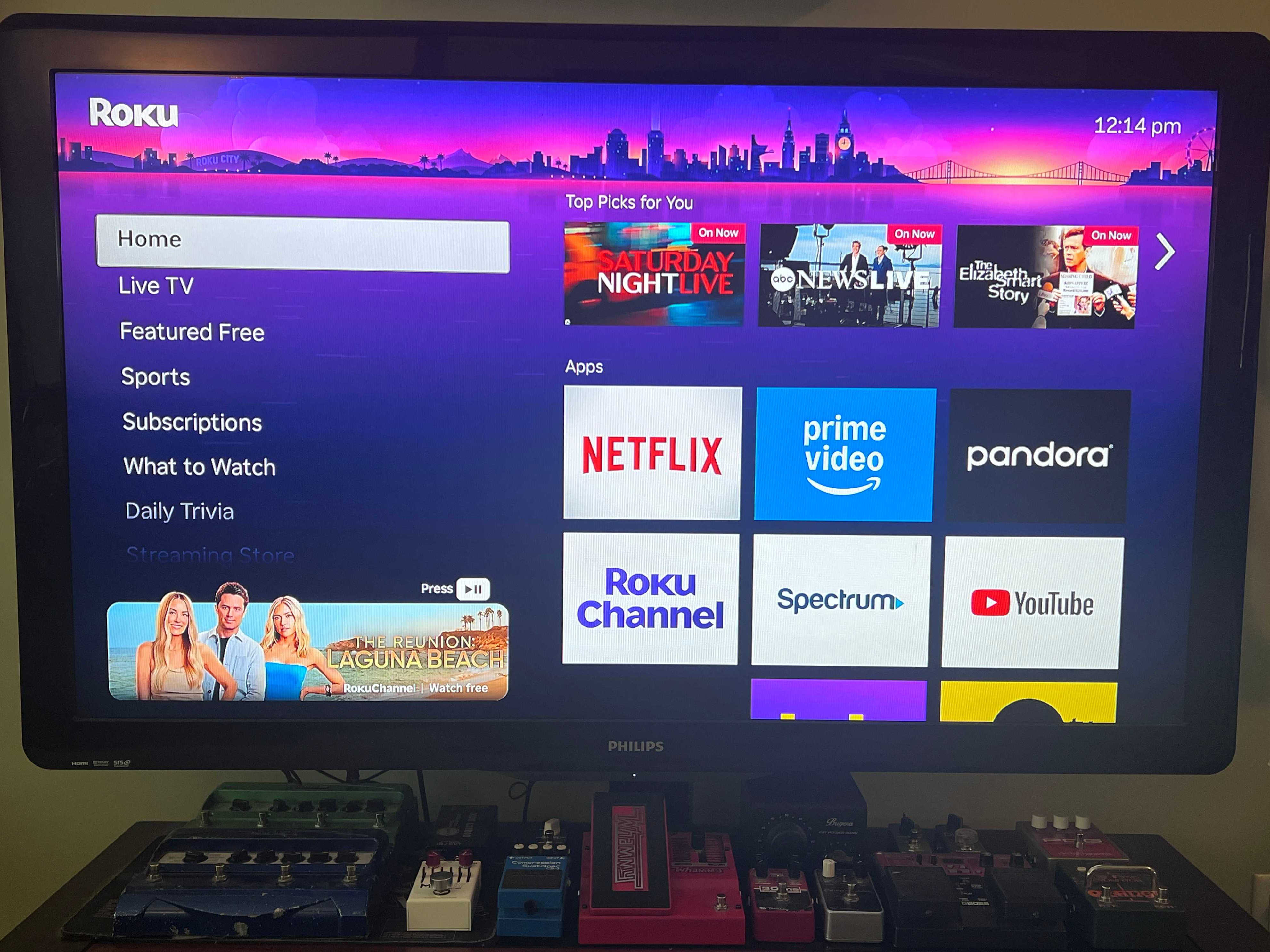 An image of Roku TV's home page with a list of different apps.