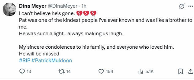 His Starship Troopers co-star Dina Meyer wrote: 'I can't believe he's gone. Pat was one of the kindest people I've ever known and was like a brother to me'