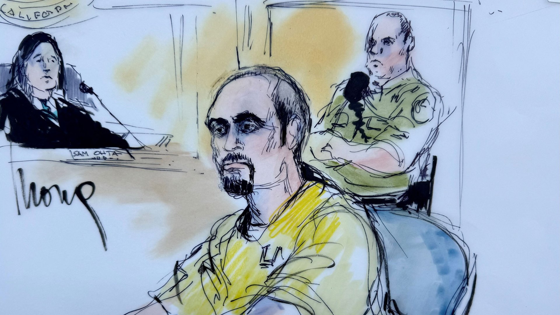 Nick Reiner looks stoic in courtroom sketch in parents' murder trial ...