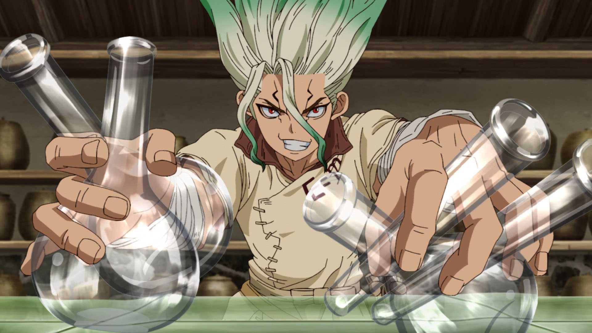 Senku Ishigami holding beakers and vials in a laboratory in Dr. Stone