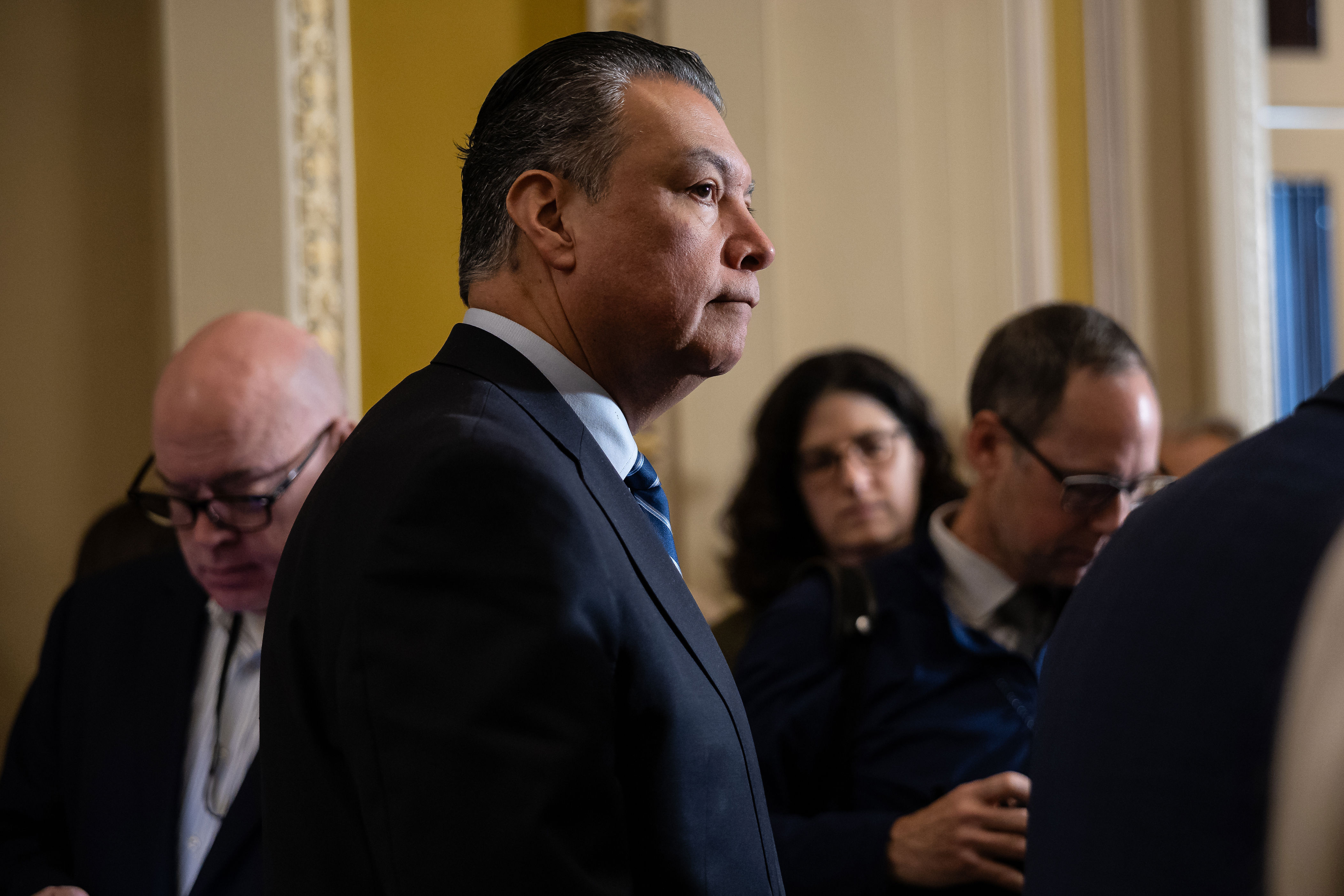 Sen. Alex Padilla (D-Calif.) is seen during a press conference at the U.S. Capitol Jan. 28, 2026.