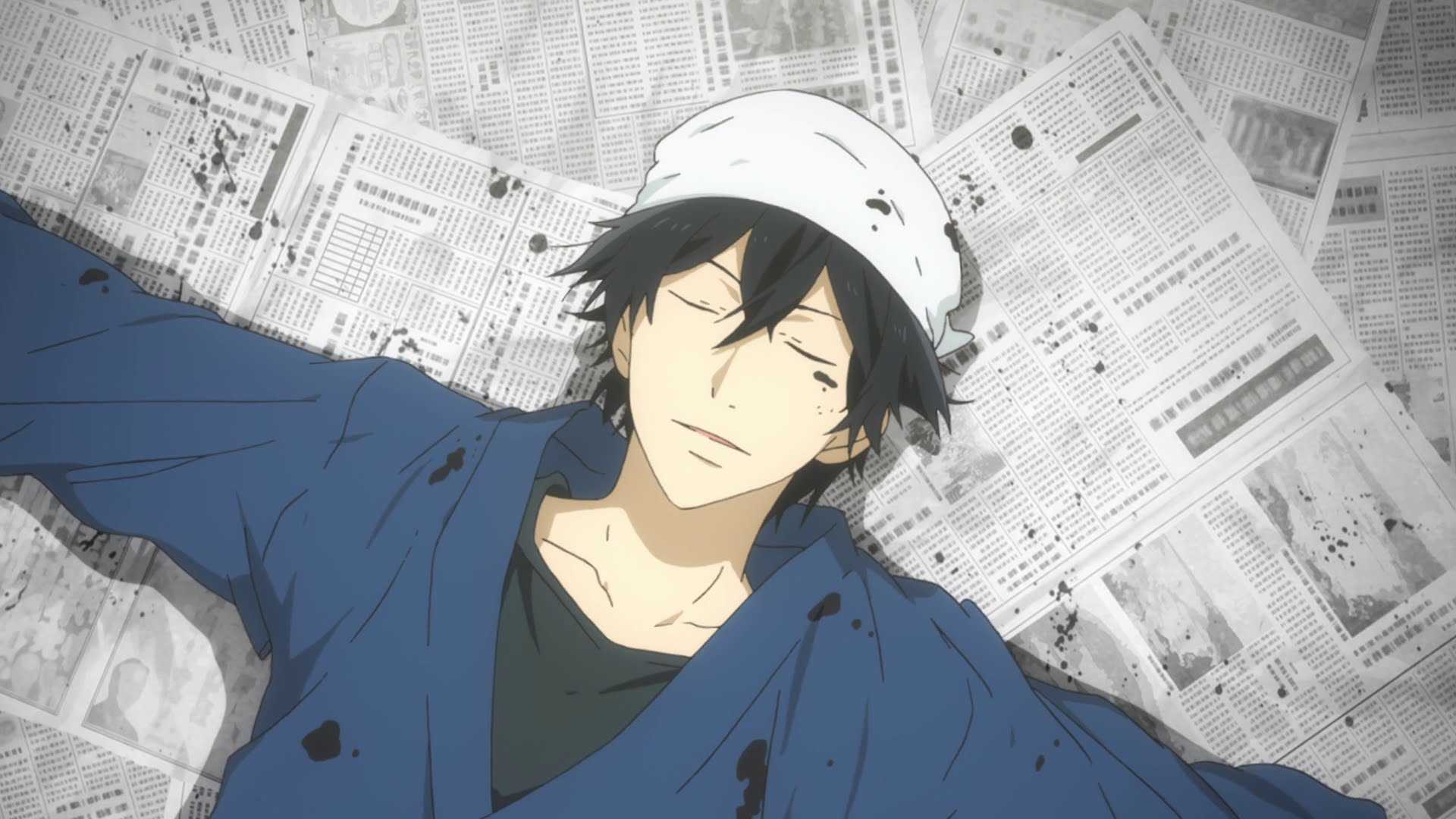 Handa resting on top of newspaper after a session of calligraphy in Barakamon