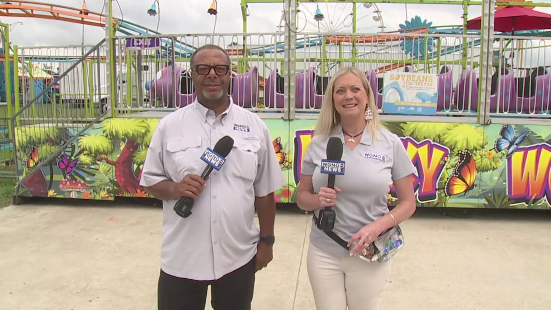 WGNO's LBJ and Stephanie Oswald at the Thibodaux Firemen's Fair