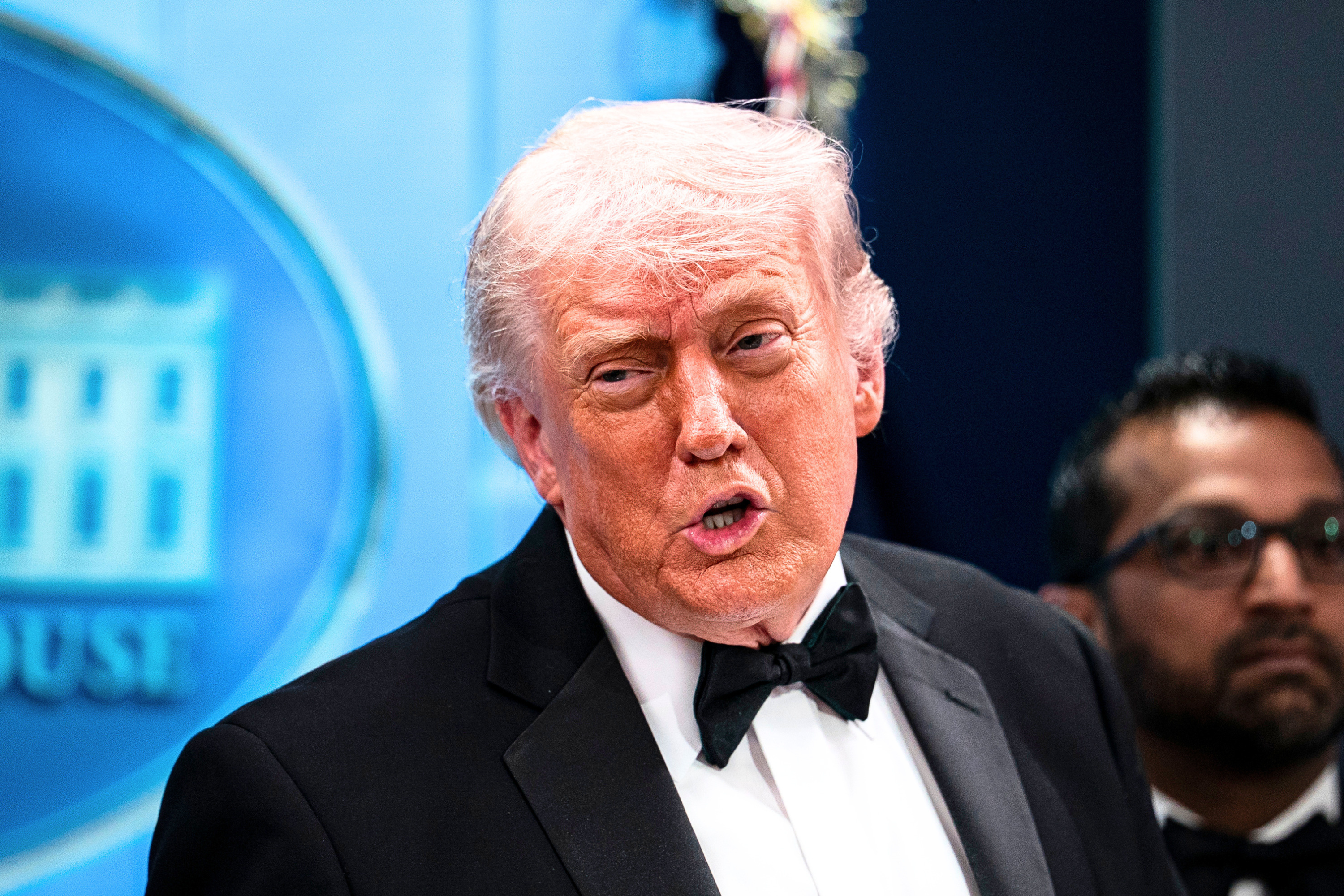 Donald Trump speaks during a press conference in the Brady Briefing Room of the White House on April 25, 2026, in Washington, DC.