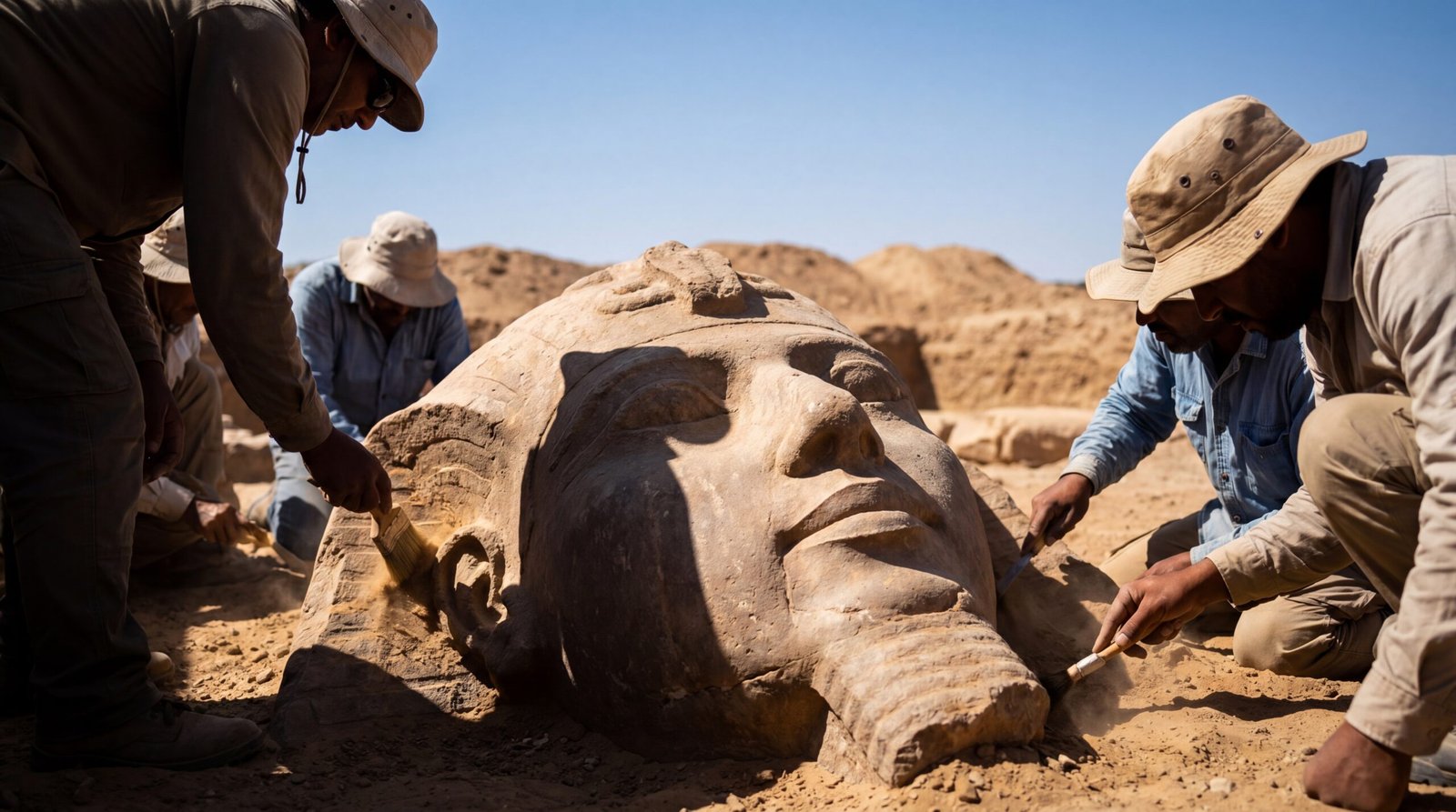 Archaeologists uncovering the massive stone head of Ramses II found in an Egyptian field.