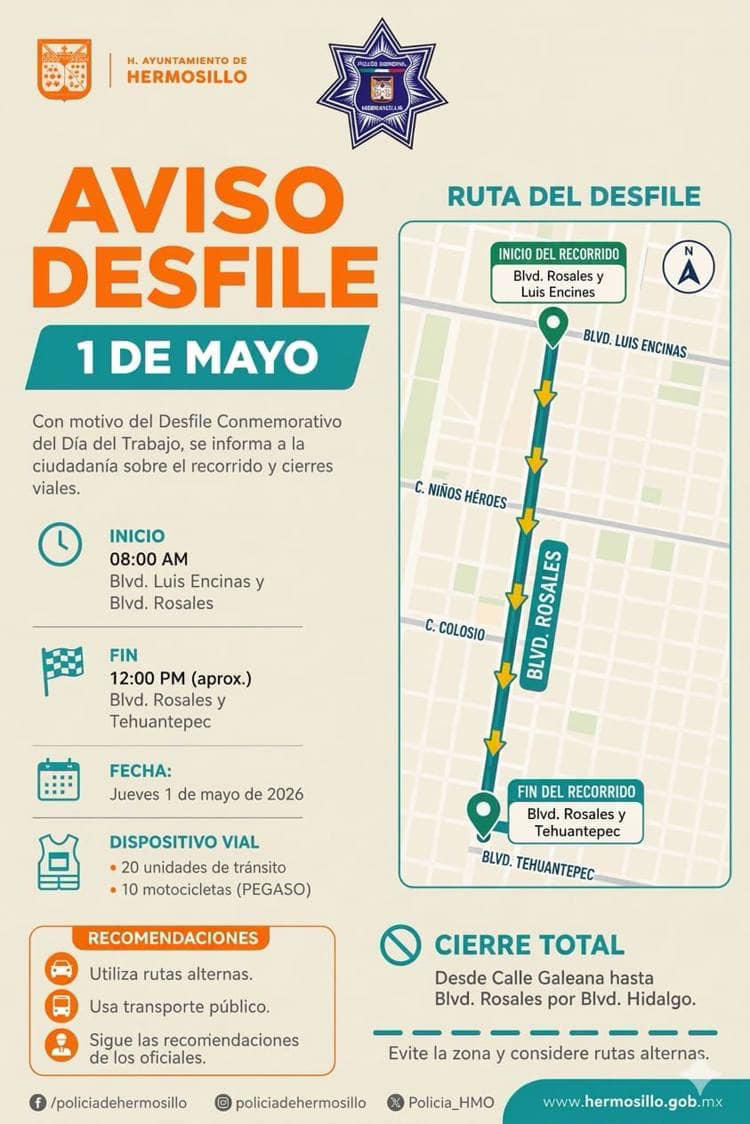 Habrá cierres viales en el centro de Hermosillo por desfile de 1 de mayo