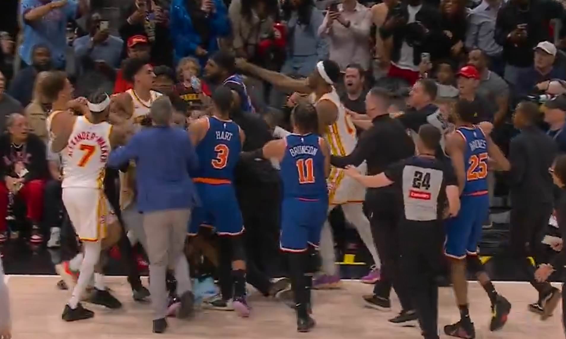 Wild fight breaks out in Knicks-Hawks playoff game with referee and ...
