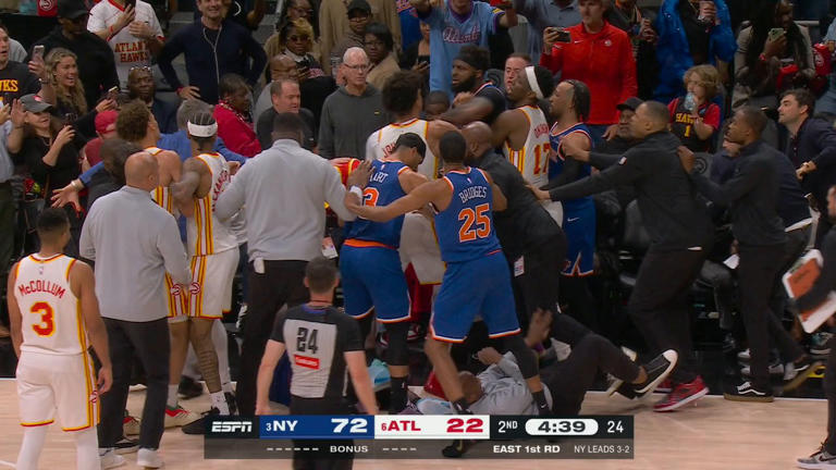 Wild fight breaks out in Knicks-Hawks playoff game with referee and ...