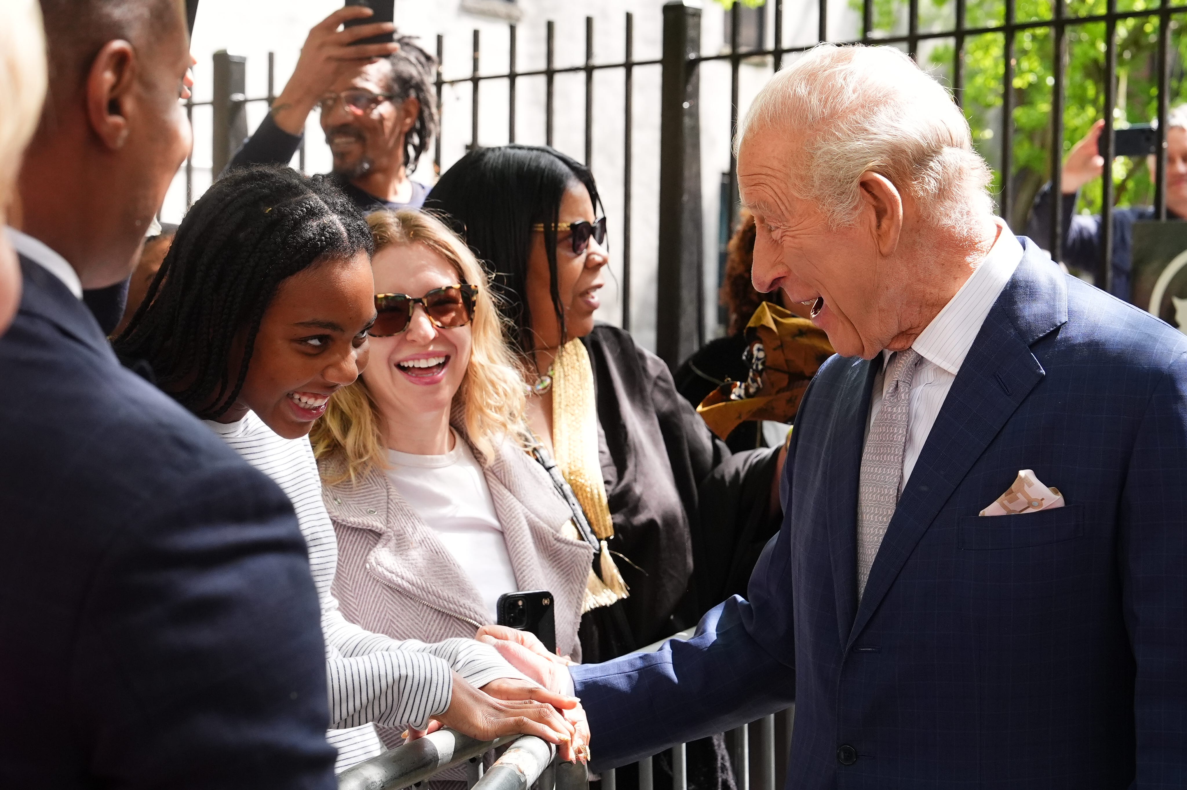 : King Charles meets members of the public during a visit to Harlem Grown, a local community organisation and after-school initiative tackling systemic health, education and wellbeing challenges faced by children and families in Upper Manhattan on day three of a state visit by King Charles III and Queen Camilla on April 29, 2026, in New York City.