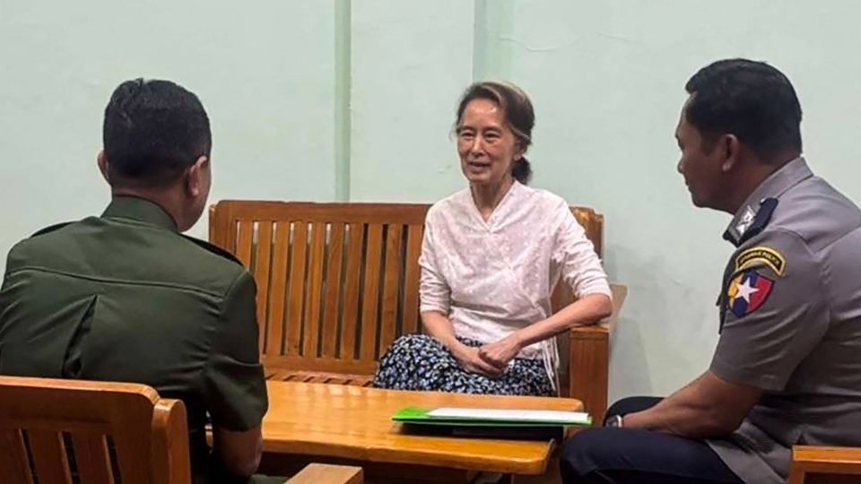 A released photo of Myanmar's detained former leader Aung San Suu Kyi meeting with a representative of the International Committee of the Red Cross.