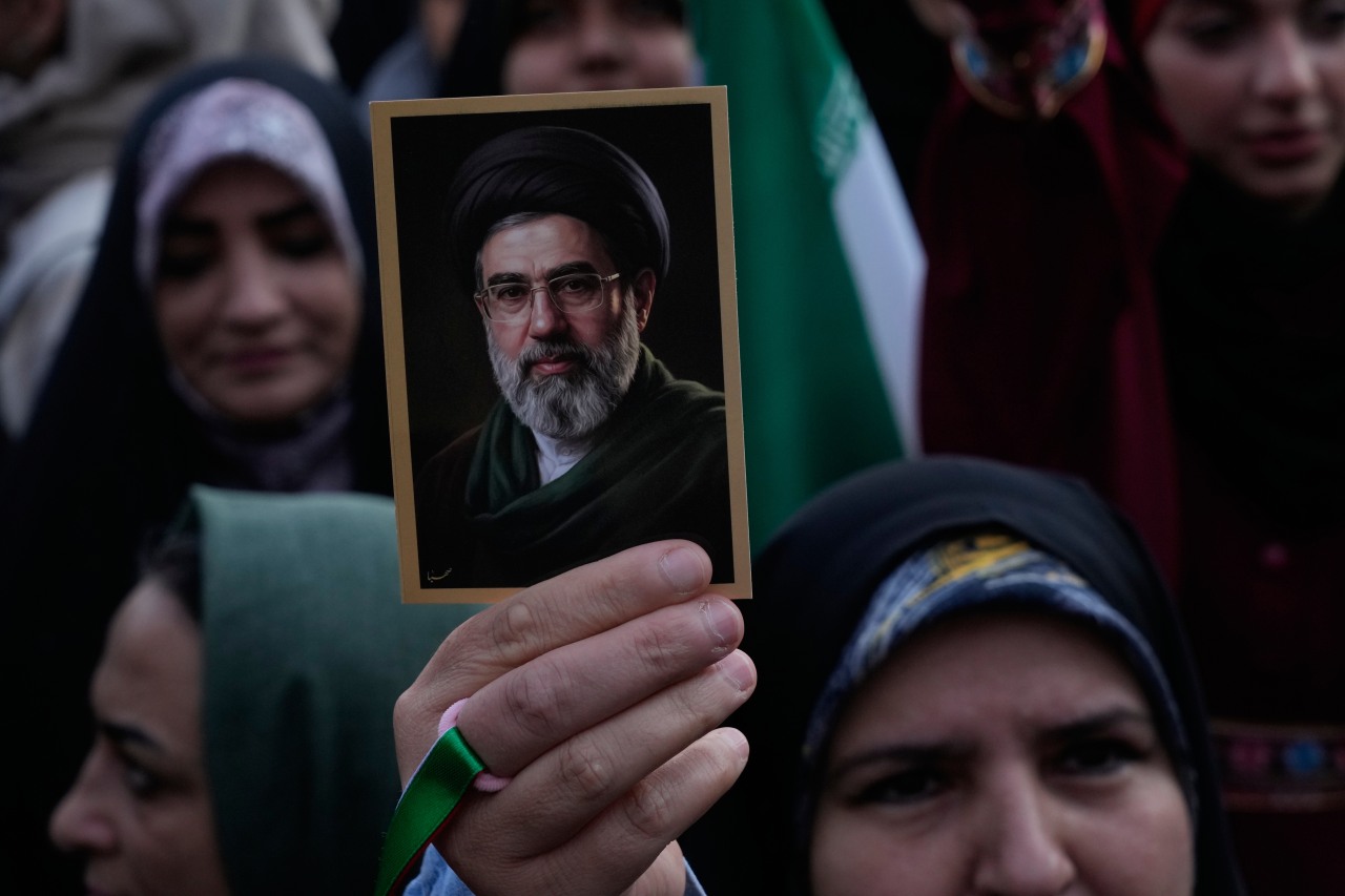 An image of Supreme Leader Mojtaba Khamenei was displayed during a Tehran rally on Wednesday.