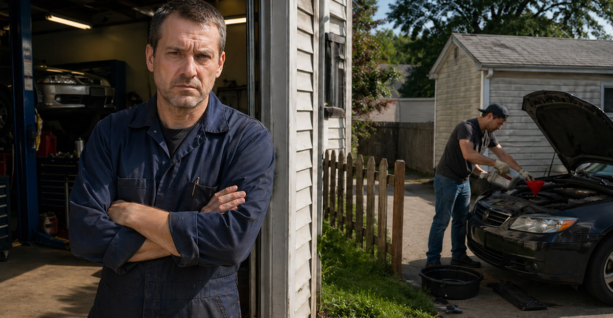 I'm a mechanic with a large garage. Next door, there's a guy doing oil ...